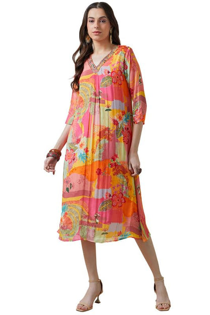 Soch Womens Peach Floral Print Chinon A Line Dress With Beads And Stones