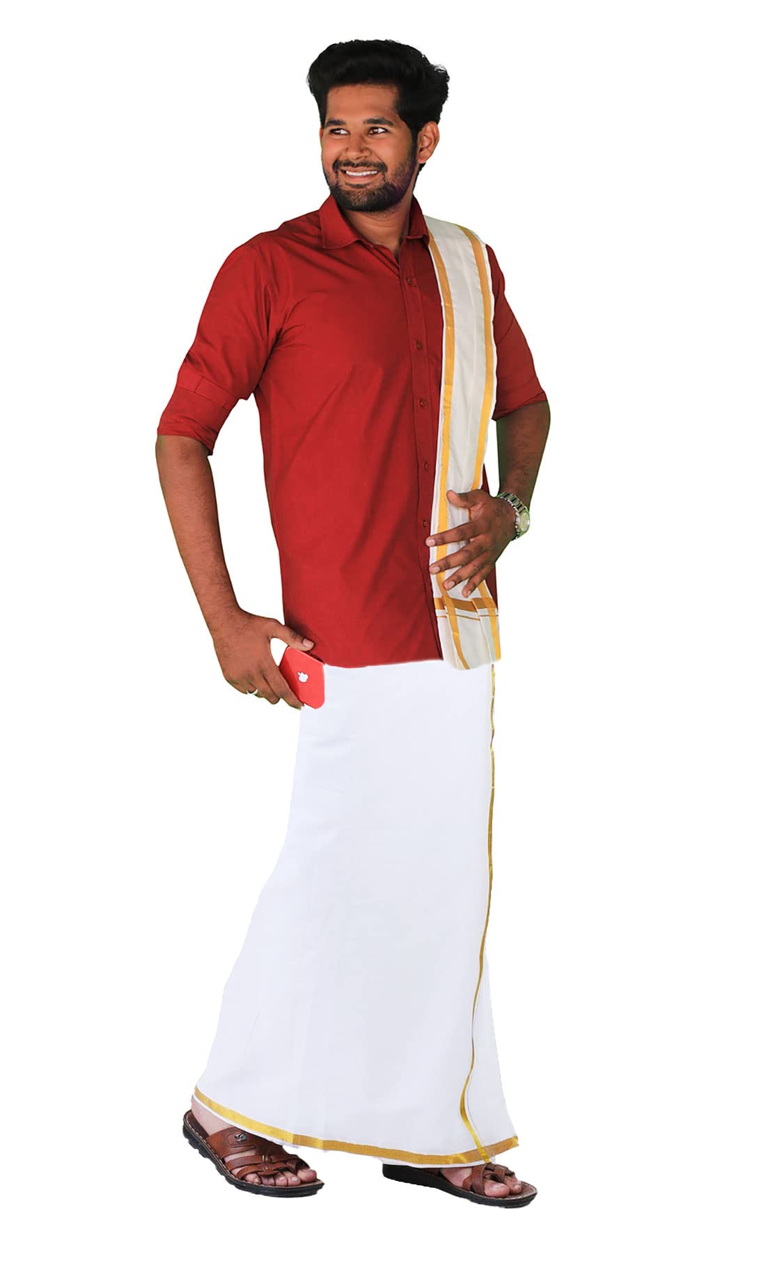 Prakasam Cotton Mens Flexi Size Welcro Pocket Readymade Dhoti +Matching Jari Cotton Single Towel Set Only (Shirt Not Included)