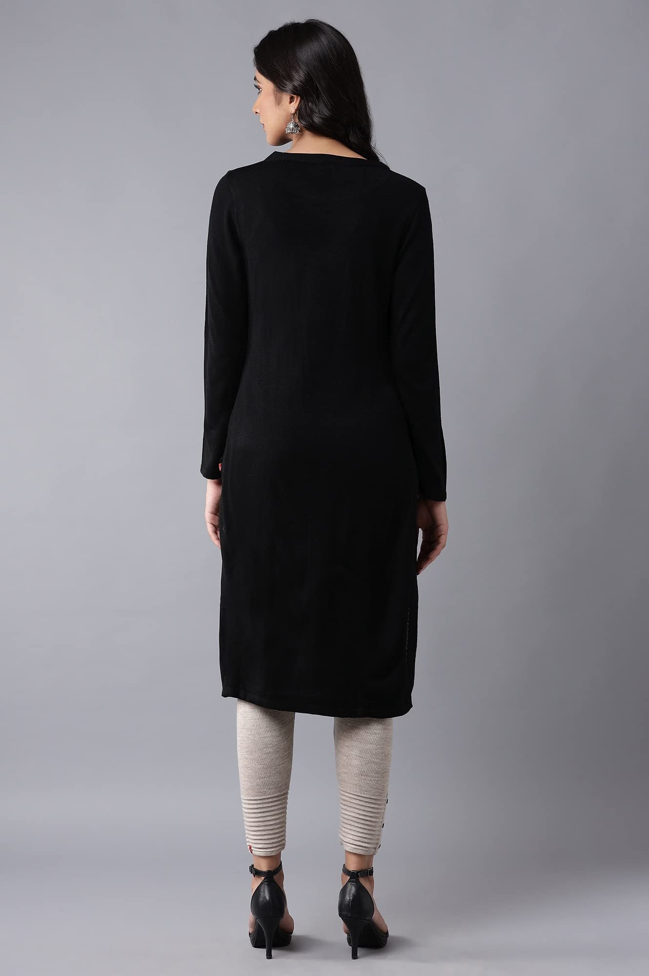 W for Woman Women's Acrylic Black Slim Fit Winter Dress Knee-Length