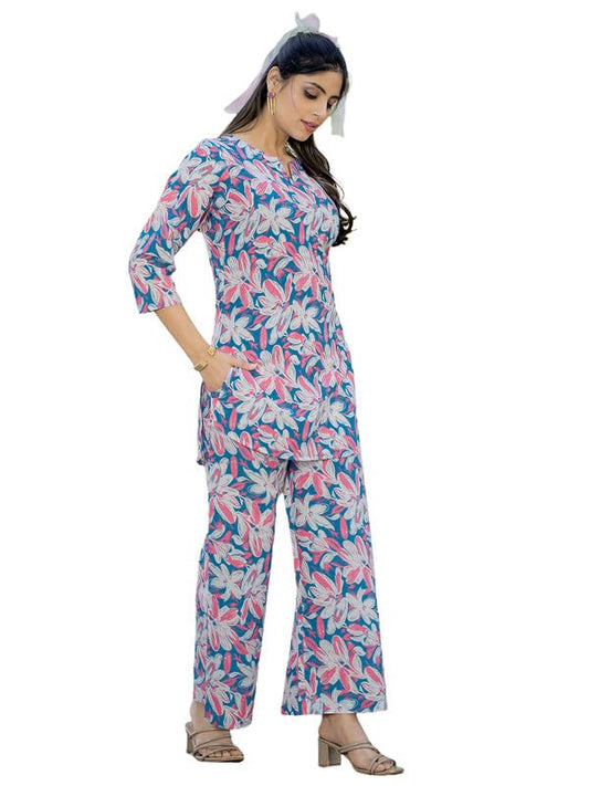 Pinkmint Womens Pure Cotton Co Ord Set l Flower Printed Co Ord Set l Stylish Pocket & 3/4 Sleeve Women Co-ord Set Multicolour