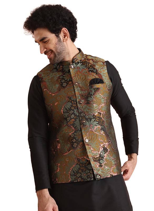 Kisah Mens Nehru Jacket|Silk Blend Fabric Semi-Casual Waistcoat Jacquard Pattern Mens Ethnic Wear|Regular Fit Mandarin Collar Sl