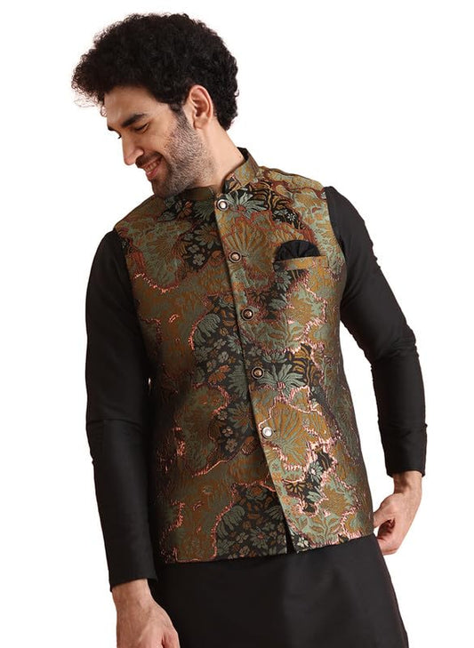 Kisah Mens Nehru Jacket|Silk Blend Fabric Semi-Casual Waistcoat Jacquard Pattern Mens Ethnic Wear|Regular Fit Mandarin Collar Sl