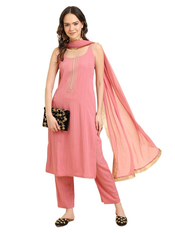 Varanga Women Mauve Straight Kurta With Tonal Bottom And Dupatta, Lace And Gotta Detailing On Yoke, Spaghetti Strap Design