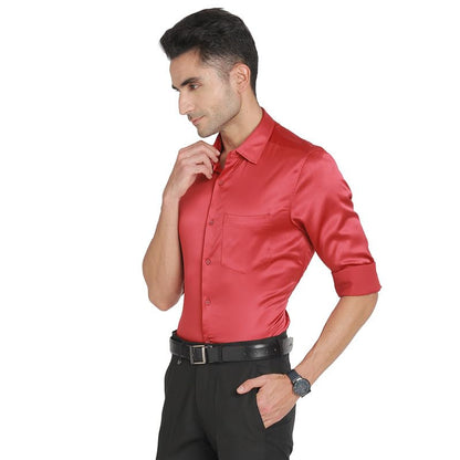 Turtle Men Poly Satin Slim Fit Red Solid Ceremonial Shirt