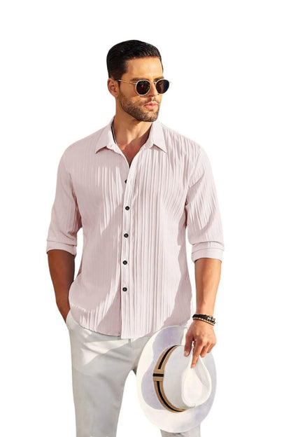 Deelmo MenS Casual Button Down Shirts Long Sleeve Linen Shirt Fashion Textured Beach Summer Shirt Cream