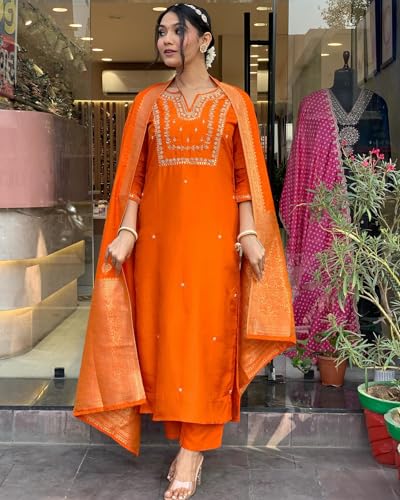 GoSriKi Women's Rayon Blend Embroidered Kurta with Pant & Dupatta, Size 42, Orange, Model Manushi Begani-gs