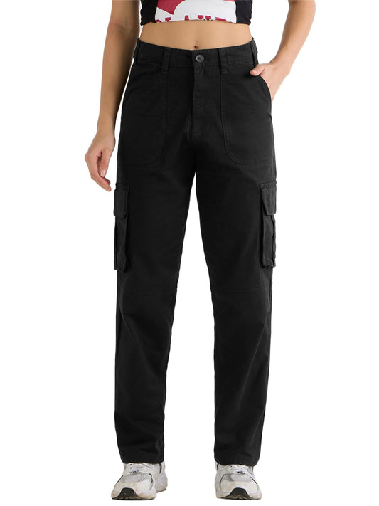 Bewakoof Women Mid Rise Solid Regular Fit Cotton Blend Cargo Pants_ 620005 Black_ 30