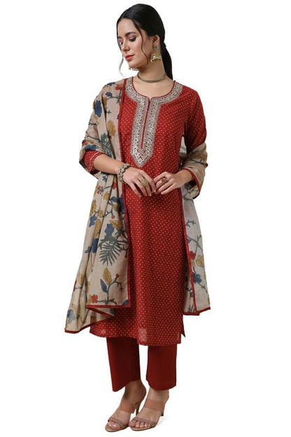 Soch Womens Rust Bandhani Print Cotton Suit Set With Sequins