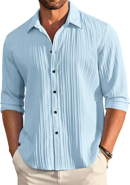 Finivo Fashion MenS Casual Cotton Plain Button Down Shirt Long Sleeve Textured Summer Beach Shirt For Men Sky