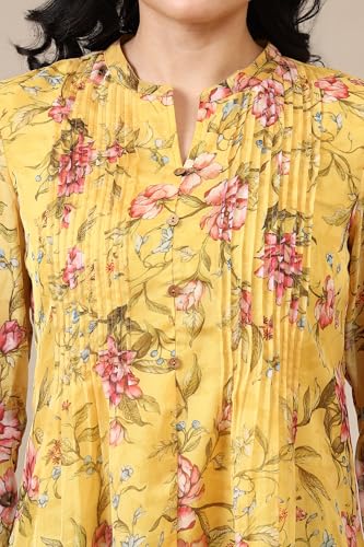 Aurelia Women's Bright Yellow Floral Printed Organza Kurti