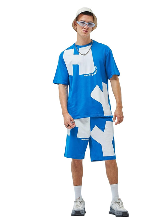 Bewakoof MenS Typography Oversized Fit Half Sleeve Round Neck Terry Co-Ordinates_ 597298_Blue_L