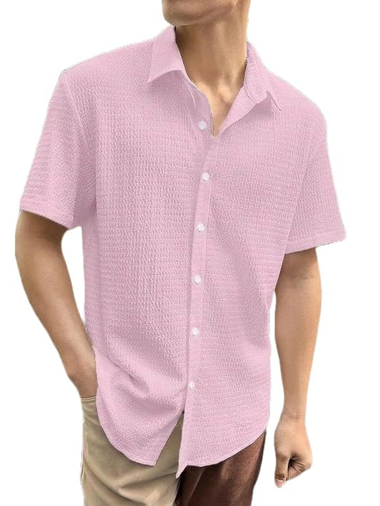 LookMark Mens Cotton Blend Popcorn Fabric Spread Collar Half Sleeve Shirt - Casual Solid Color Style for Effortless Charm and C