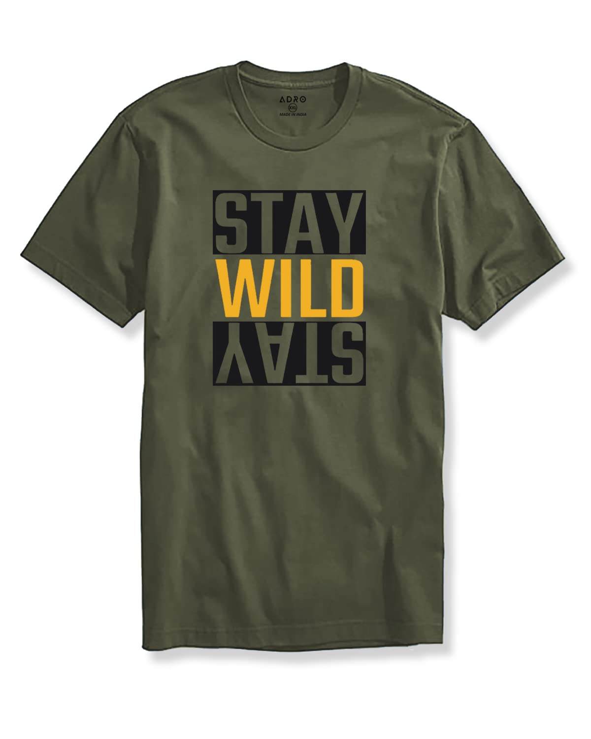 ADRO Men's Stay Wild Typography Printed Cotton T-Shirt (RNR-M-Wild-OL_Olive)