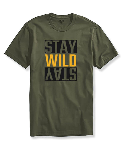 ADRO Men's Stay Wild Typography Printed Cotton T-Shirt (RNR-M-Wild-OL_Olive)