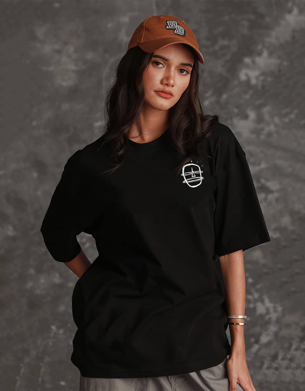 Juneberry Oversized Loose Baggy Fit Drop Shooulder Half Sleeves Pure Cotton Happy Guy Graphic Printed Black T-Shirt For Women &