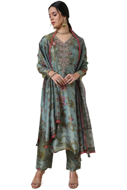 Soch Womens Sap Green Tissue Botanical Print Suit Set With Cutdana