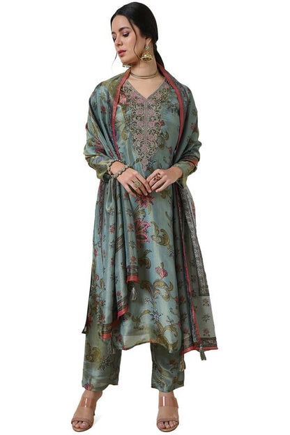 Soch Womens Sap Green Tissue Botanical Print Suit Set With Cutdana