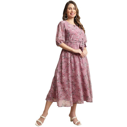 Preneum WomenS Maxi Fit & Flare Latest Style Print Georgette Regular Sleeves Casual Maxi | Summer Festival & Occasion, Light Pi