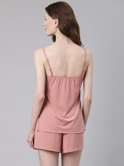 Enamor N116 Camisole Top and Shorts Set for Women with Lace Detail Dusty Rose