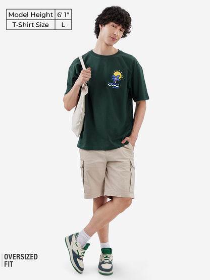 The Souled Store at The Beach Men and Boys Short Sleeves Round Neck Green Graphic Printed Cotton Oversized T-Shirts