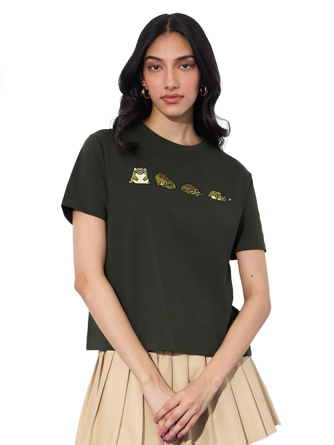 The Souled Store Relaxed T-Shirt: Tired Frog Women and Girls Short Sleeves Round Neck Green Embroidered Cotton Relaxed Fit T-Shi
