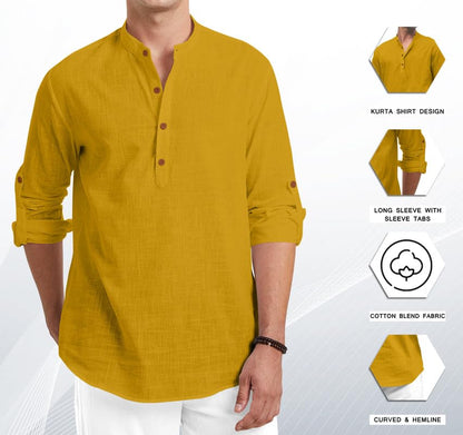 Macsivo MenS Cotton Polyester Blend Solid Short Kurta With Mandarin Collar Full Sleeve Button Closure Curved Hem Regular Fit |