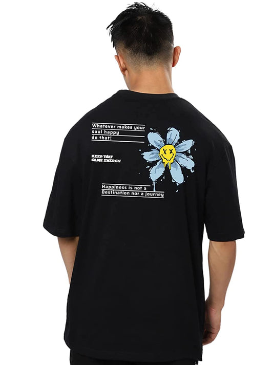 Veirdo Mens 100% Cotton Oversized Baggy Fit Round Neck Short Sleeve T-Shirt with Aesthetic Back Graphic Print and Fro