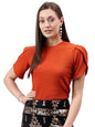 Style Quotient Women Solid Texture Rust Poly Knit Smart Casual Regular Tulip Sleeve Top