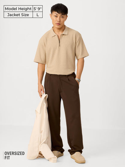 The Souled Store Canoli Short Sleeve Collared Neck Oversized Fit Textured Cotton Zipper Polos for Men and Boys