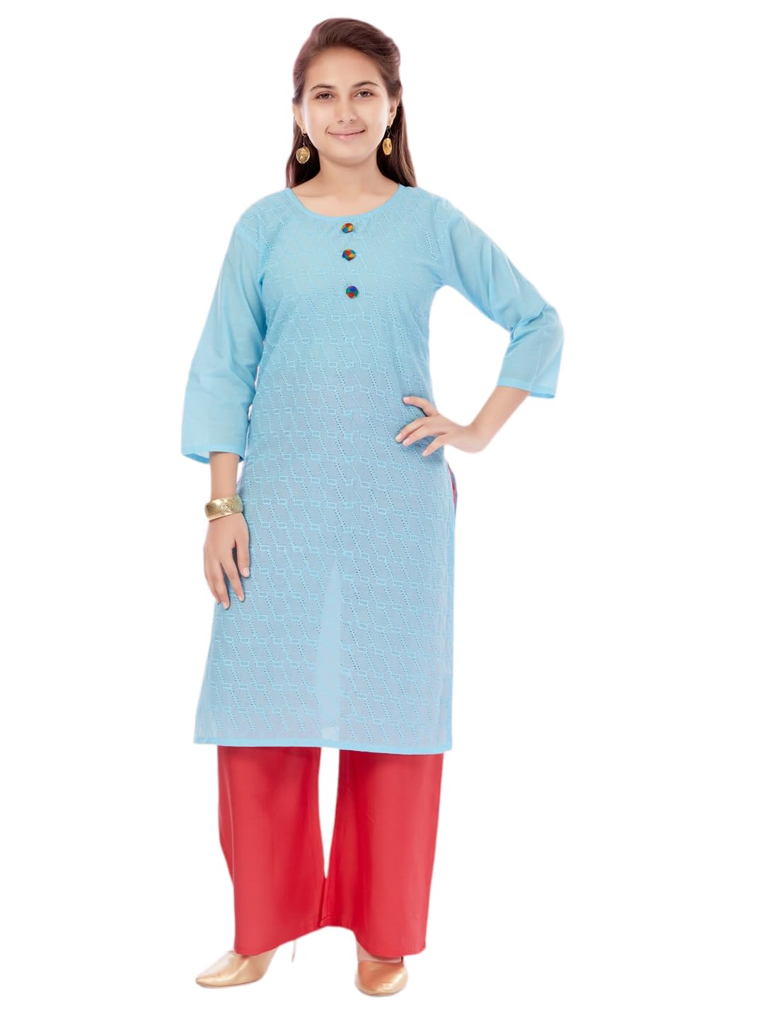Aarika Girls Firozi Colour Cotton Embroidery Kurti (Kurti-K-181-Firozi-28)
