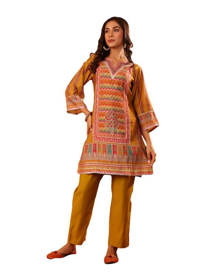 Varanga Women Mustard Ethnic Printed Straight Kurta With Trousers  Cotton Set For Casual Outings, Stylish Design For All Occasio