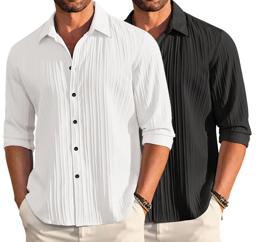 Deelmo Combo Of MenS Casual Button Down Shirts Long Sleeve Linen Shirt Fashion Textured Summer Shirts Pack Of 2 White - Black