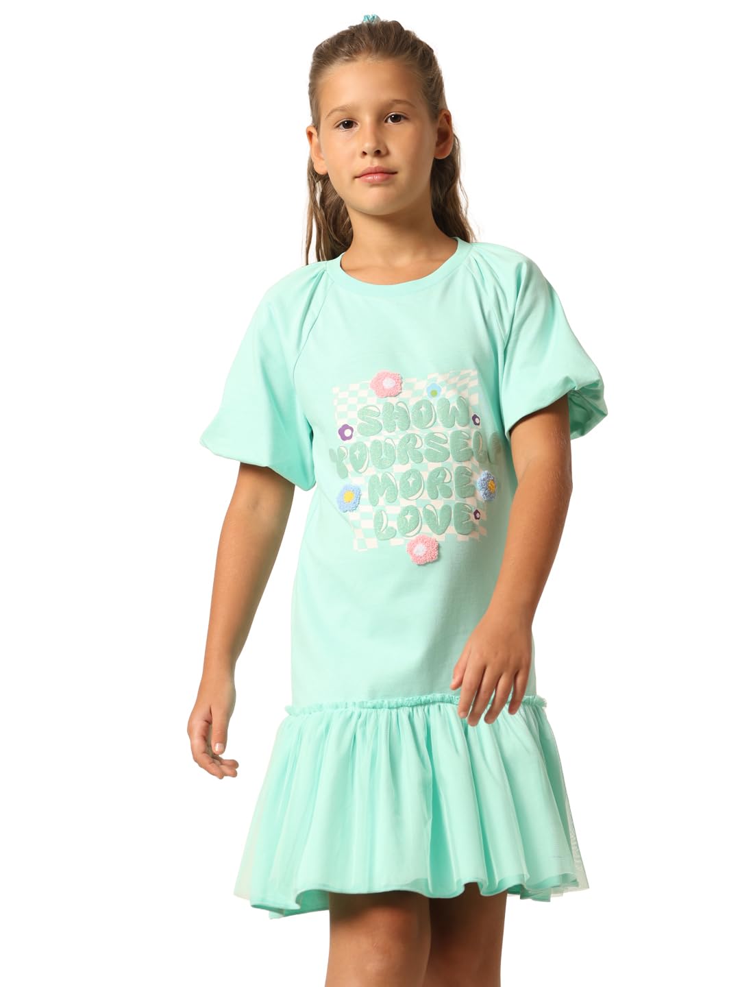 Vero Moda Girls Graphic Print Cotton Green Above Knee Length Ruffle Dress