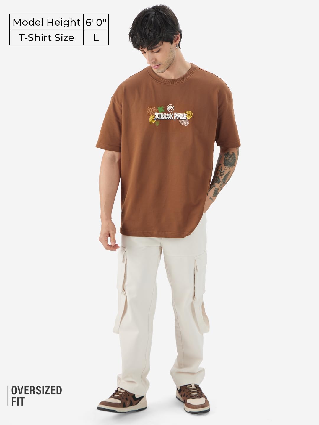 The Souled Store Official Jurassic Park: Roaring Times Men and Boys Short Sleeves Round Neck Brown Graphic Printed Cotton Oversi