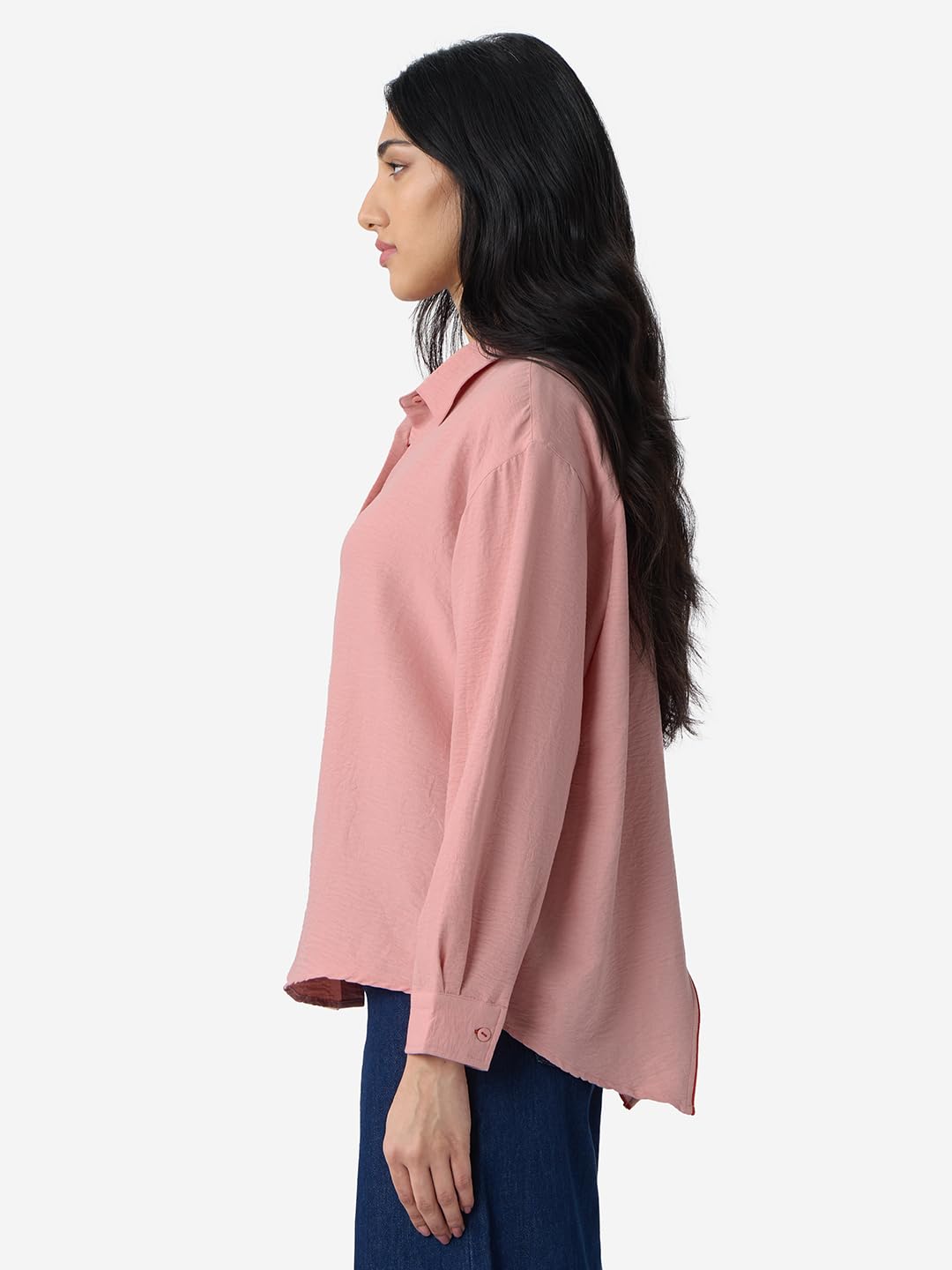 The Souled Store Textured Shirt: Rose Pink Women and Girls Long Sleeves Collared Neck Button Front Viscose Blend Boyfriend Shirt
