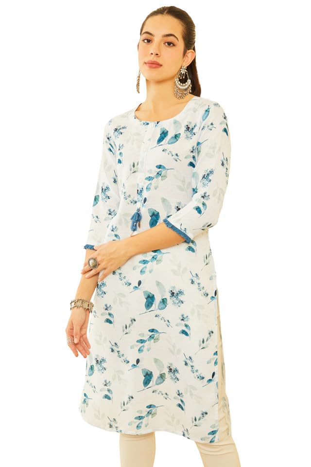 Soch Womens White Viscose Blend Botanical Printed Kurta With Tassels
