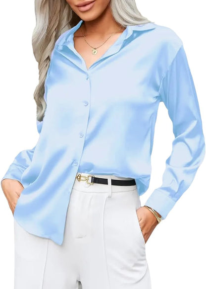 CB-COLEBROOK Womens Soft Satin Silk Button Down Shirts for Women Silky Long Sleeve Work Shirt Dress Blouses Tops (in, Alpha, S,