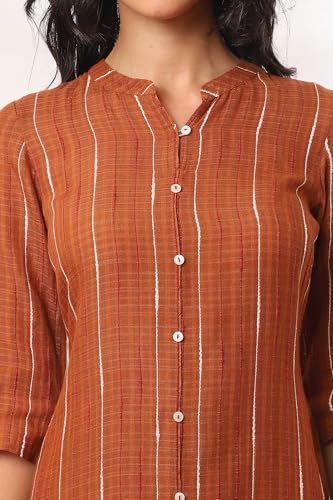 Aurelia Women's Orange Yarn Dyed Cotton Blend Straight Kurta