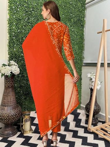 GoSriKi Printed Viscose Rayon Kurta with Trousers & Dupatta, Medium, Orange, Model TURAE-RED-G8S