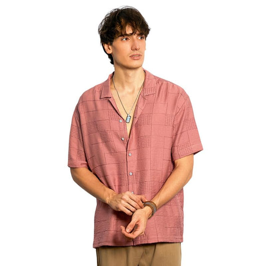 Campus Sutra Mens Sienna Brown Graph-Tactile Oversized Shirt for Casual Wear | Cuban Collar | Short Sleeve | Button Closure | O