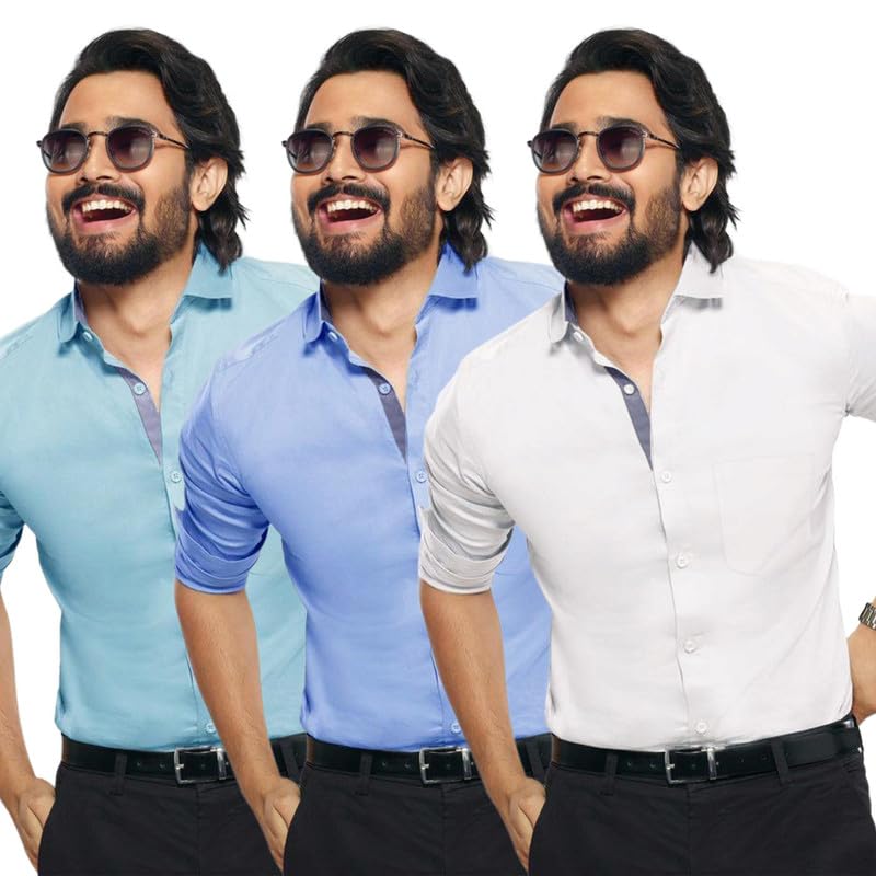 Pinkmint Shirt for Men ll Cotton Blend Casual Shirt ll Long Sleeve Formal Mens Shirt ll Regular Fir Shirt (Pack of 3)