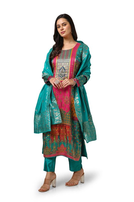 Soch Womens Teal Brocade Ethnic Motifs Suit Set With Faux Mirror And Sequins