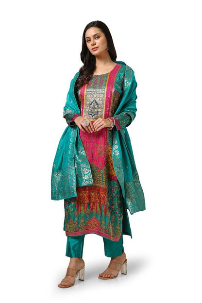 Soch Womens Teal Brocade Ethnic Motifs Suit Set With Faux Mirror And Sequins