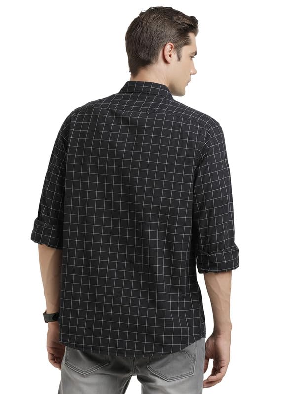 Turtle Men 100% Cotton Slim Fit Black Check Full Sleeve Casual Shirt