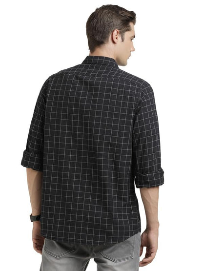 Turtle Men 100% Cotton Slim Fit Black Check Full Sleeve Casual Shirt