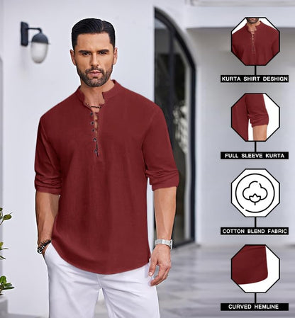Macsivo MenS Stylish Mandarin Collar Kurta | Casual Ethnic Fusion Shirt For Daily, Party & Travel | Full Sleeves | Cotton Polye
