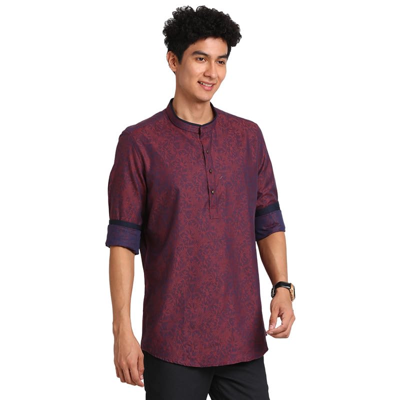 Turtle Men 100% Cotton Burgundy Full Sleeve Jacquard Kurta