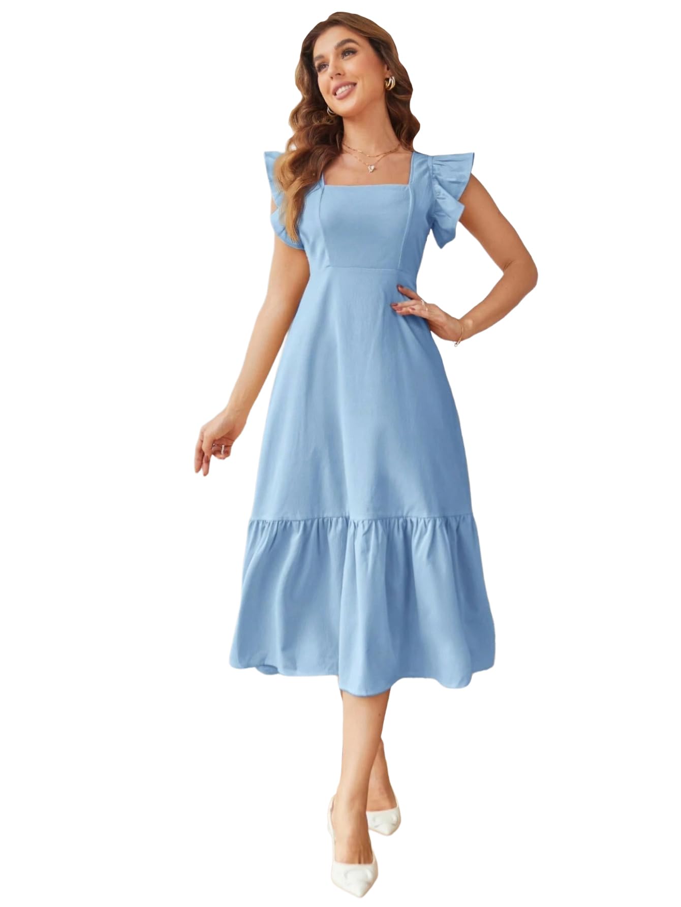 ANNI Designer Womens Rayon Solid Waist Ruffled Strap Square Neck Smocked Maxi Dress (FULKI Sky BLUE-VKS02_XXL_Sky Blue_XX-Large