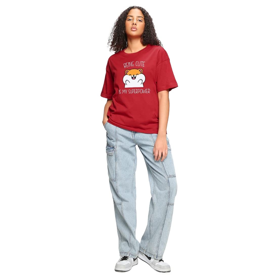 Bewakoof Womens Being Cute is My Super Power Graphic Print 100% Cotton T-Shirt- Oversized Fit, Round Neck, Half Sleeve, Xs, Red