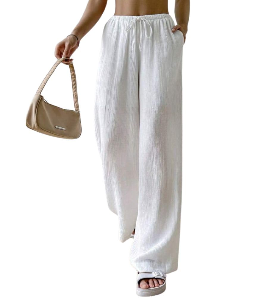 Greciilooks WomenS Loose High Rise Trouser | High-Waist Korean Pants | Formal Track Pant | Cargo Style Baggy Trendy White